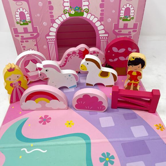 USED Pink Foldaway Unicorn Castle With 10 Wooden Figurines - Picture 2 of 8